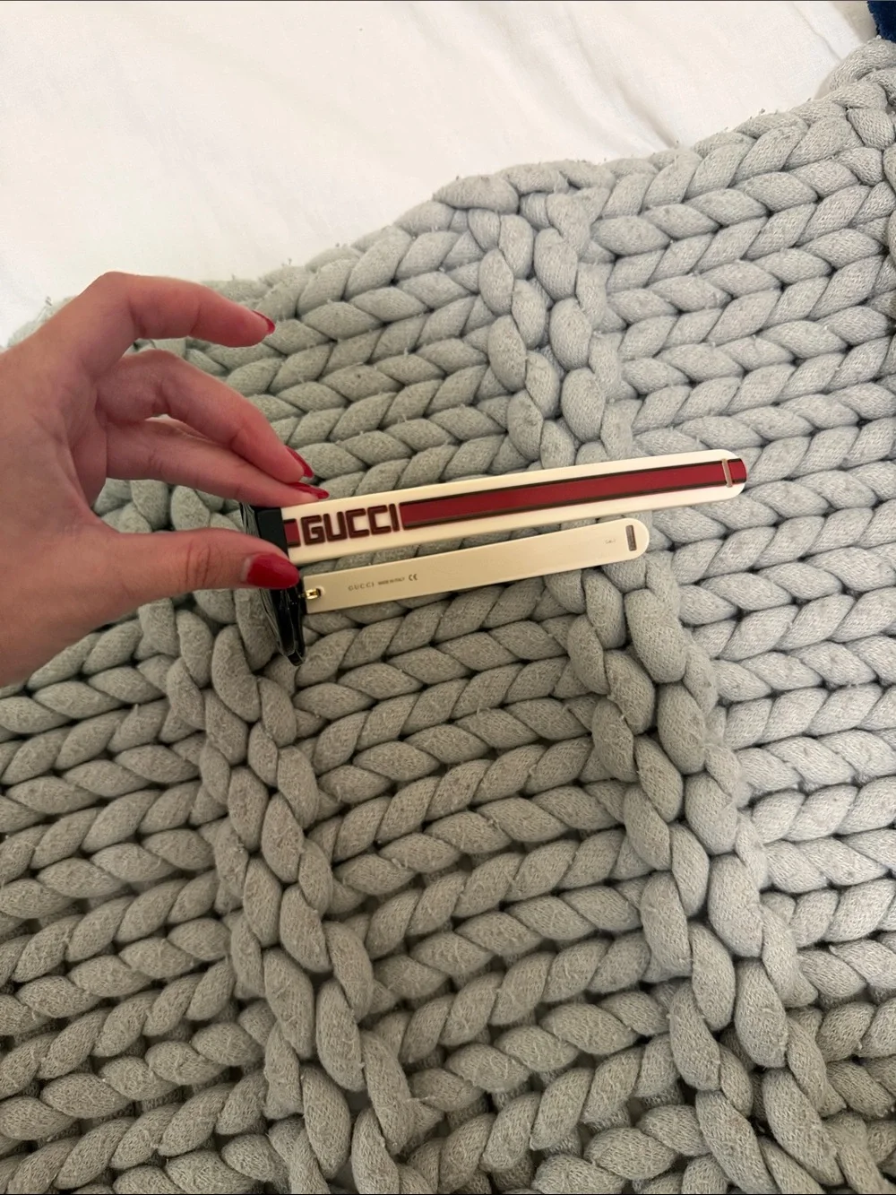 Gucci Black Sunglasses with Cream and Red Stripe Arms